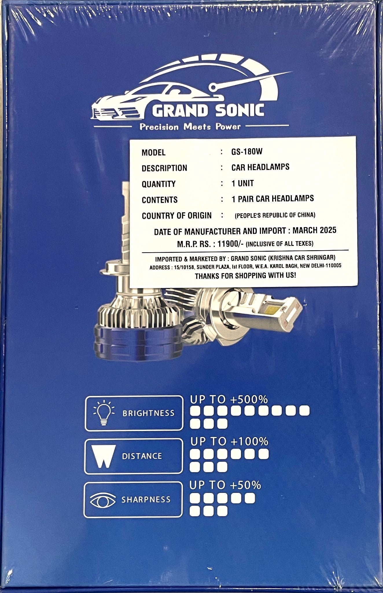 Grand Sonic 180W LED Car Headlight Bulb – Super Bright | 6500K Beam | Plug & Play | 2-Year Warranty
