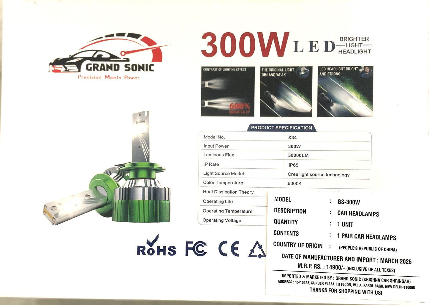 Grand Sonic 300W LED Headlight Bulb – Ultra Bright Car Light | 24-Month Warranty | Easy Plug & Play | Universal Fit | Precision Beam