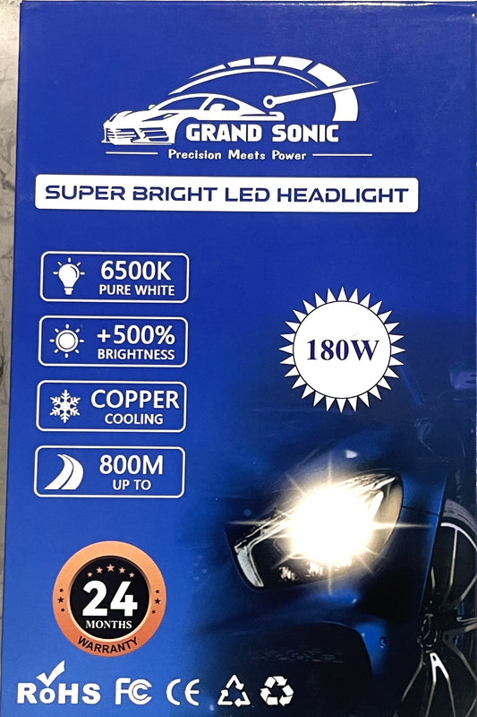 Grand Sonic 180W LED Car Headlight Bulb – Super Bright | 6500K Beam | Plug & Play | 2-Year Warranty