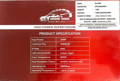 Grand Sonic 240W LED Headlight Bulb – Super Bright Car Light | 24-Month Warranty | Plug & Play | Universal Fit