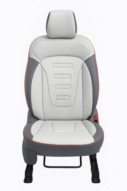 CarVista Royal Touch PU Leather Seat Covers for Maruti FRONX – White and Grey Stitching, Custom Fit, Full Set, Waterproof
