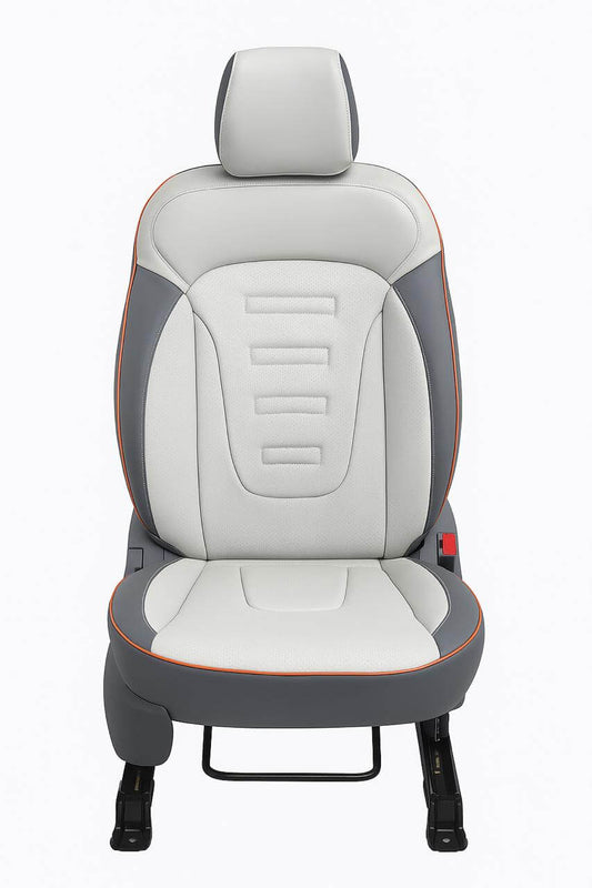 CarVista Royal Touch PU Leather Seat Covers for Maruti FRONX – White and Grey Stitching, Custom Fit, Full Set, Waterproof